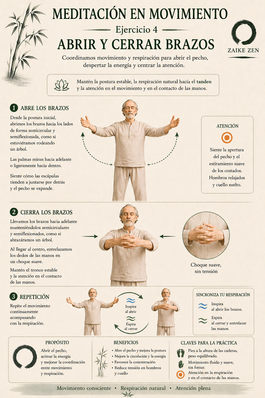 Cartel de meditación en movimiento: abrir y cerrar brazos