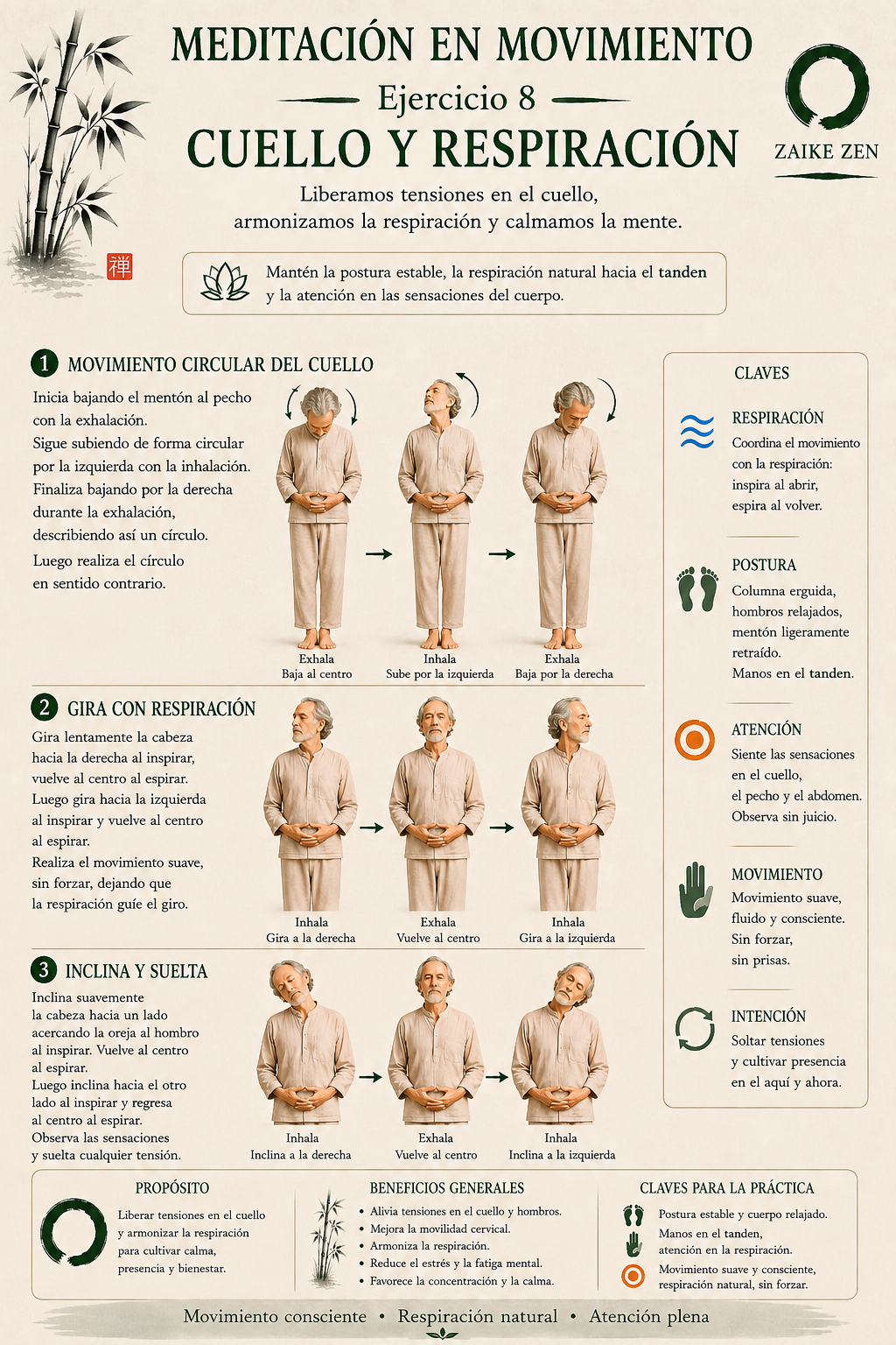 Cartel de meditación en movimiento: cuello y respiración