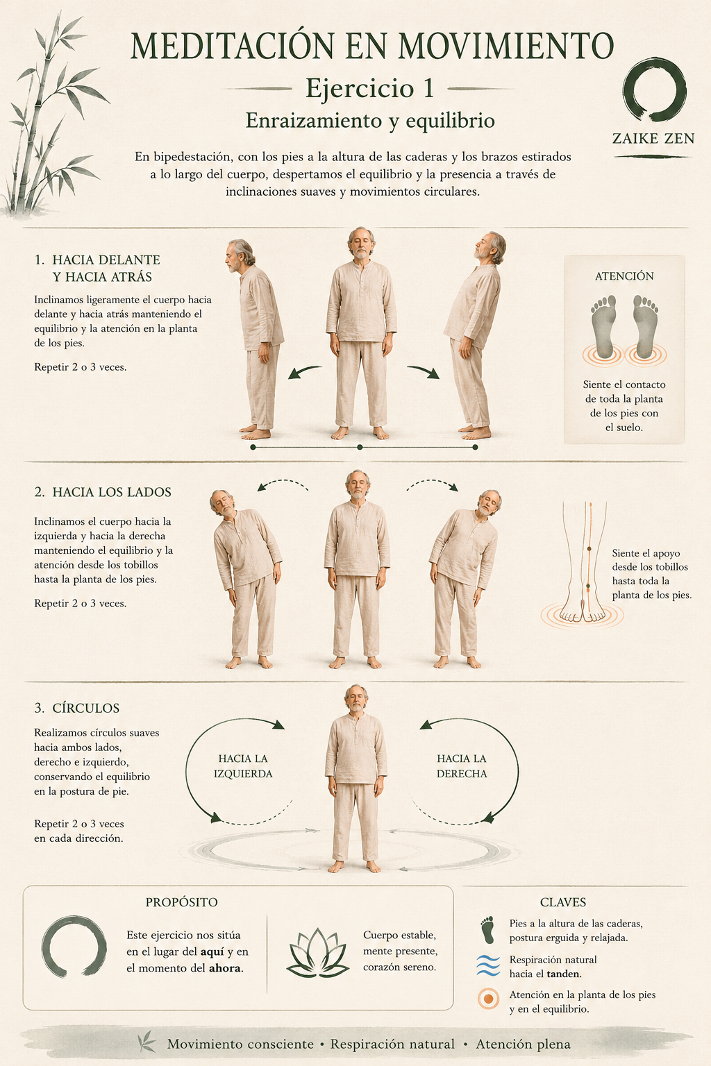 Cartel de meditación en movimiento: enraizamiento y equilibrio