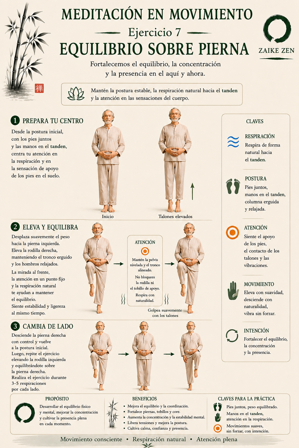 Cartel de meditación en movimiento: equilibrio sobre pierna