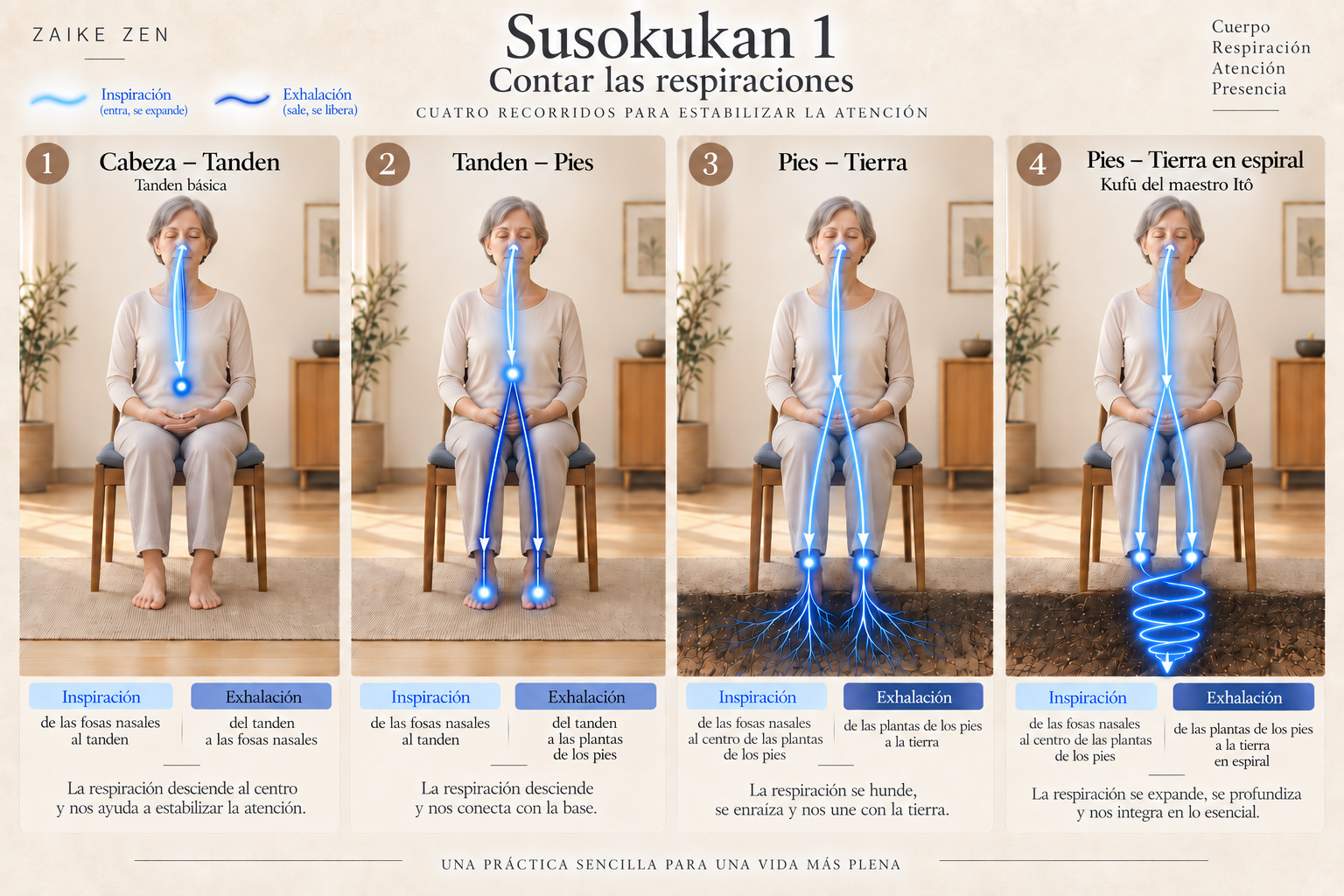 Susokukan 1: esquema de las cuatro respiraciones Cabeza-Tanden, Tanden-Pies, Pies-Tierra y Pies-Tierra en espiral.