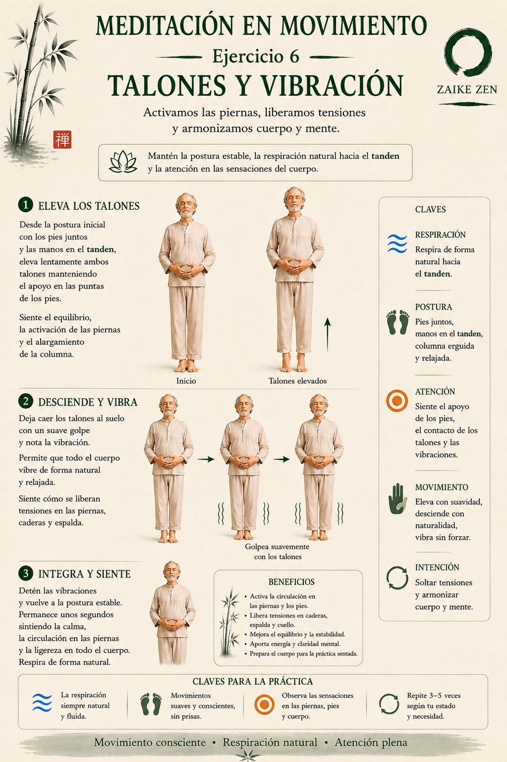 Cartel de meditación en movimiento: talones y vibración