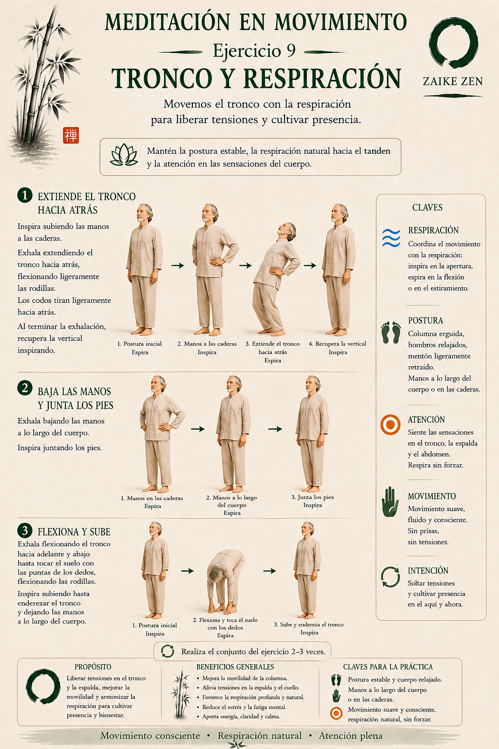 Cartel de meditación en movimiento: tronco y respiración